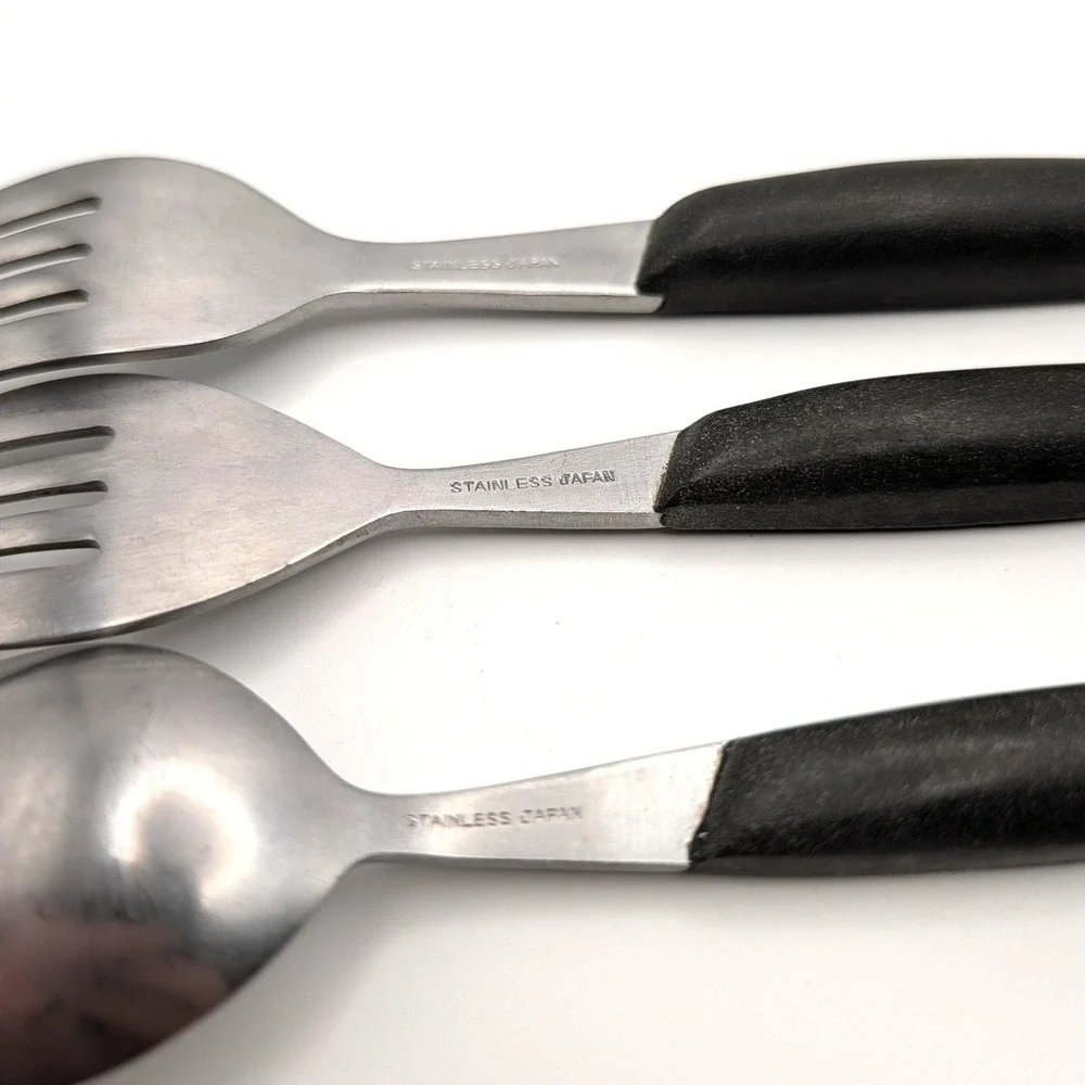 Vintage Stainless Japan Flatware MCM Starburst Black Handle 3pc Set Atomic Fork